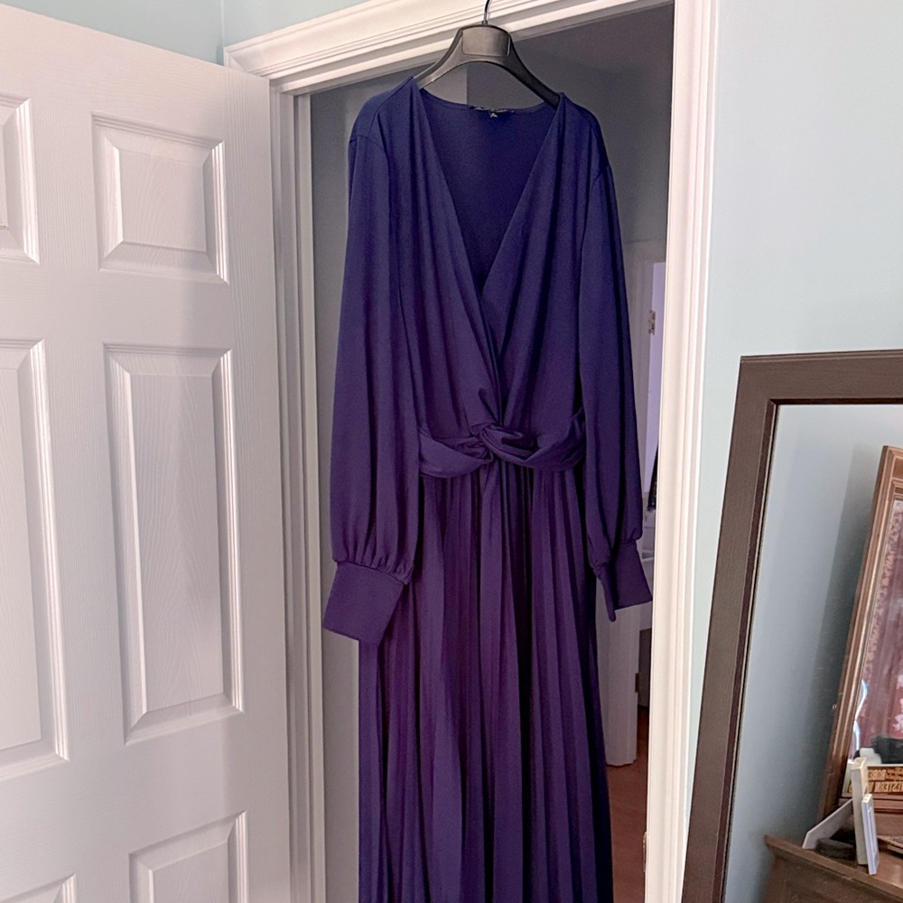 Eloquii Navy Long Sleeve Pleated Dress